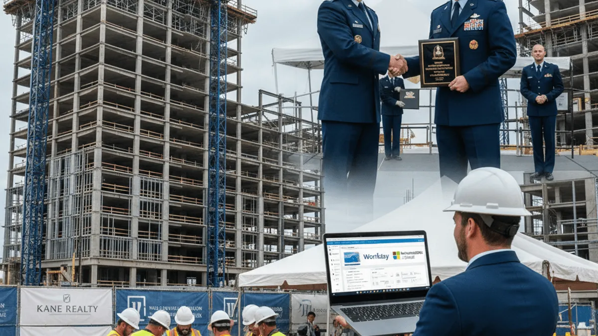 A composite image featuring a construction site, a man using a laptop, and two military officers shaking hands with an award.